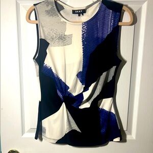 DKNY Women's Abstract Blue and Black Top. Size S.